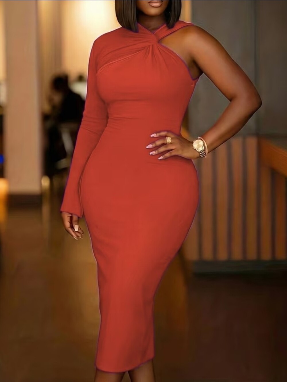 Women's One-Sleeve Bodycon Twist-Front Dress